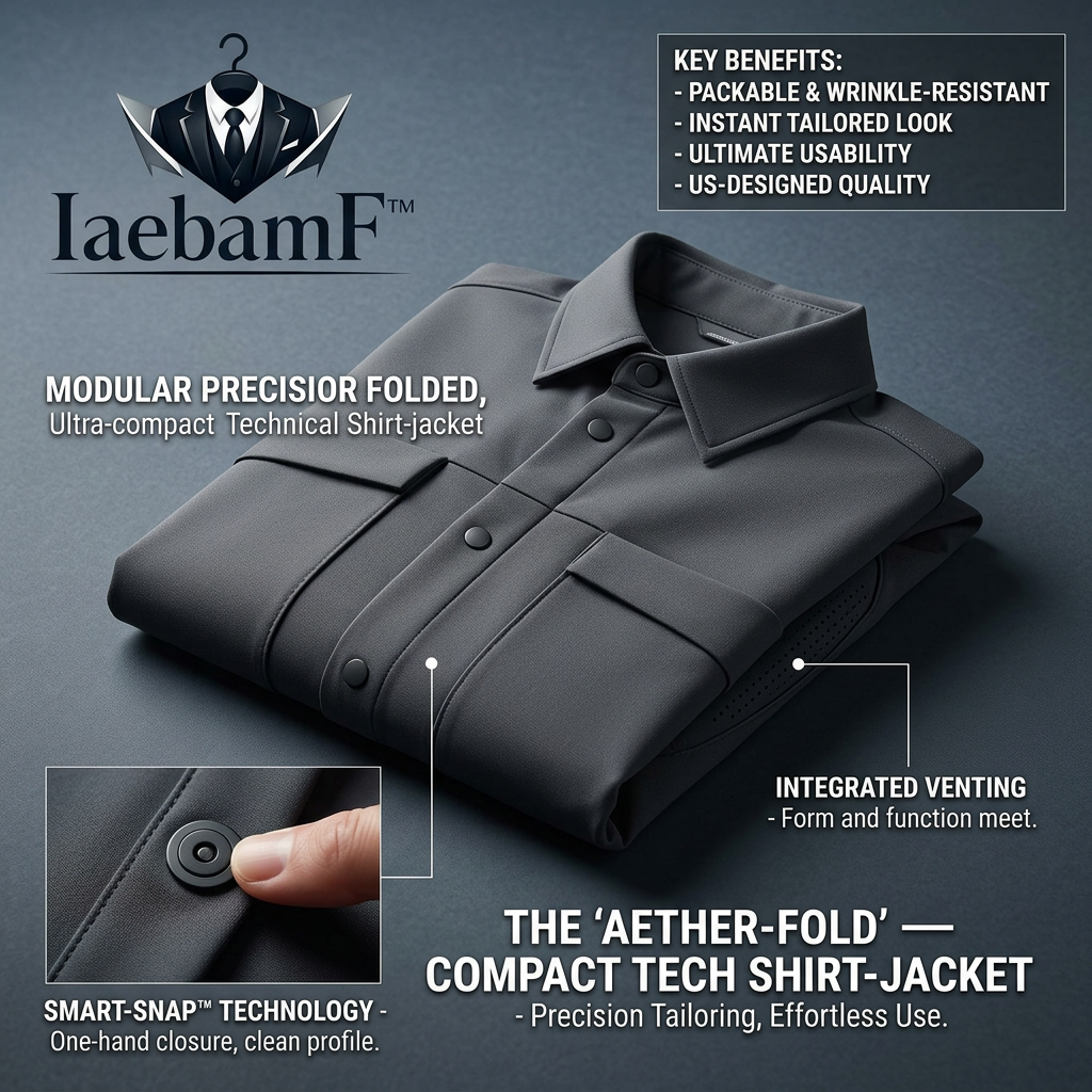 IaebamF™ Aether-Fold Men's Compact Tech Shirt-Jacket | Lightweight Packable Travel Shacket | Wrinkle-Resistant Technical Jacket with Smart-Snap™ Closures & Integrated Venting