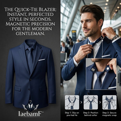 IaebamF™ Men's Quick-Tie Smart Blazer | Premium Navy Blue Slim Fit Suit Jacket with Magnetic Precision Collar Alignment | Modern Business, Wedding & Formal Sport Coat