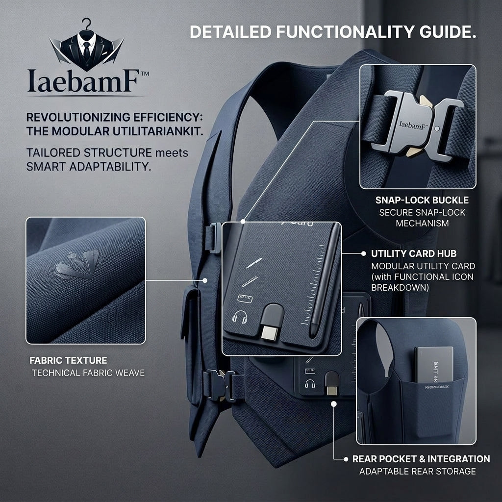 IaebamF™ Modular Utility Vest, Techwear Tactical Waistcoat with Integrated Utility Hub, Secure Snap-Lock Quick-Release Buckles, Men's Sleek Functional Organizer Vest for Tech, EDC, Travel, and Urban Commuting