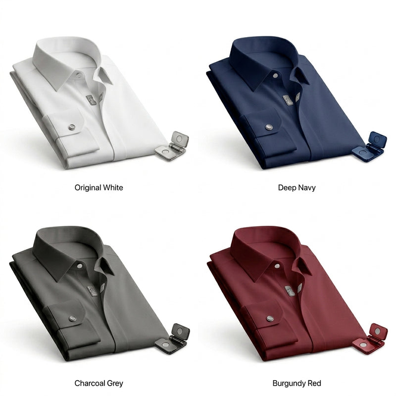 IaebamF™ Men's Magnetic Dress Shirt - Easy-Close Magnetic Clasp Button Down Shirt, Wrinkle-Resistant Travel-Friendly Structured Shirt for Men, Sharp Stay-Crisp Collar Long Sleeve Business Casual Shirt
