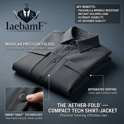 IaebamF™ Aether-Fold Men's Compact Tech Shirt-Jacket | Lightweight Packable Travel Shacket | Wrinkle-Resistant Technical Jacket with Smart-Snap™ Closures & Integrated Venting