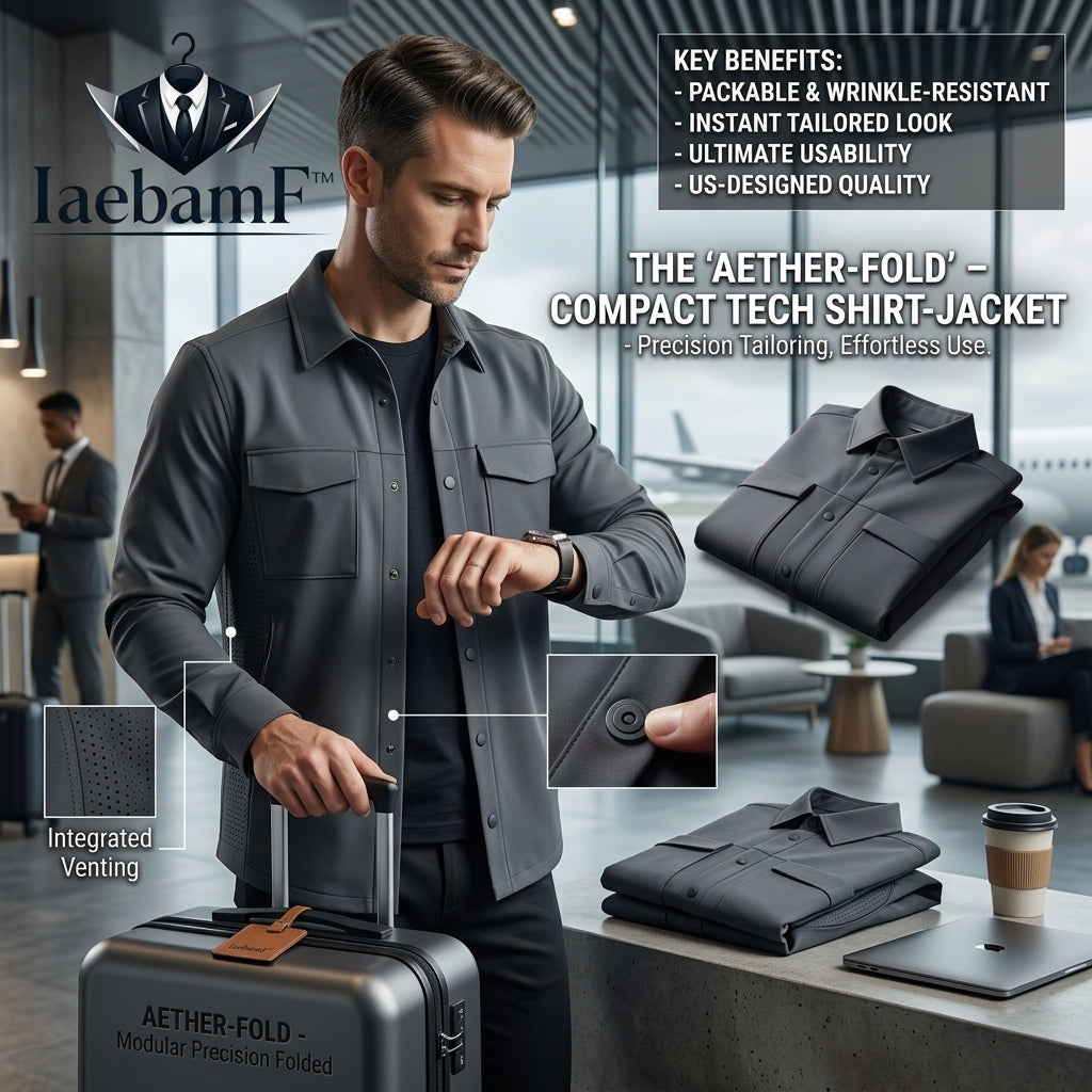 IaebamF™ Aether-Fold Men's Compact Tech Shirt-Jacket | Lightweight Packable Travel Shacket | Wrinkle-Resistant Technical Jacket with Smart-Snap™ Closures & Integrated Venting