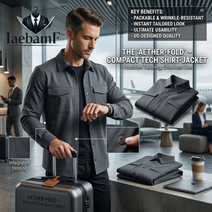 IaebamF™ Aether-Fold Men's Compact Tech Shirt-Jacket | Lightweight Packable Travel Shacket | Wrinkle-Resistant Technical Jacket with Smart-Snap™ Closures & Integrated Venting