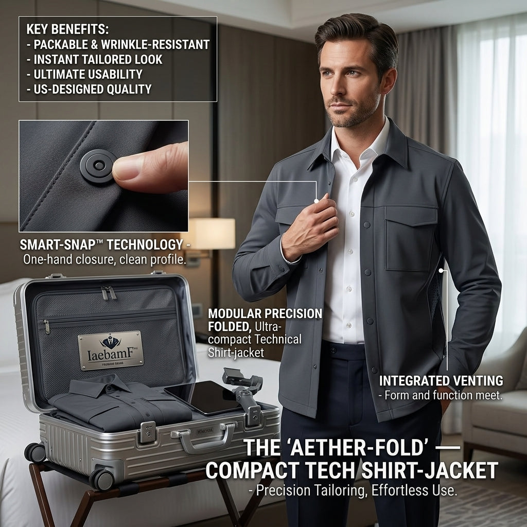 IaebamF™ Aether-Fold Men's Compact Tech Shirt-Jacket | Lightweight Packable Travel Shacket | Wrinkle-Resistant Technical Jacket with Smart-Snap™ Closures & Integrated Venting