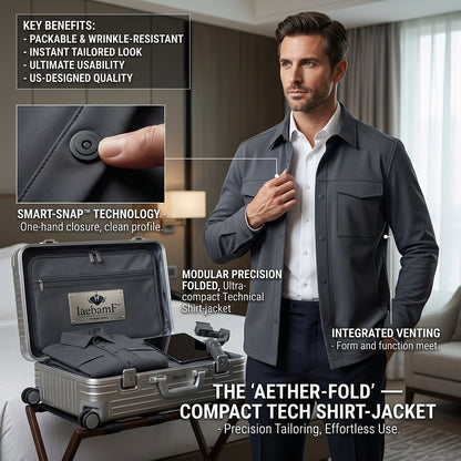 IaebamF™ Aether-Fold Men's Compact Tech Shirt-Jacket | Lightweight Packable Travel Shacket | Wrinkle-Resistant Technical Jacket with Smart-Snap™ Closures & Integrated Venting