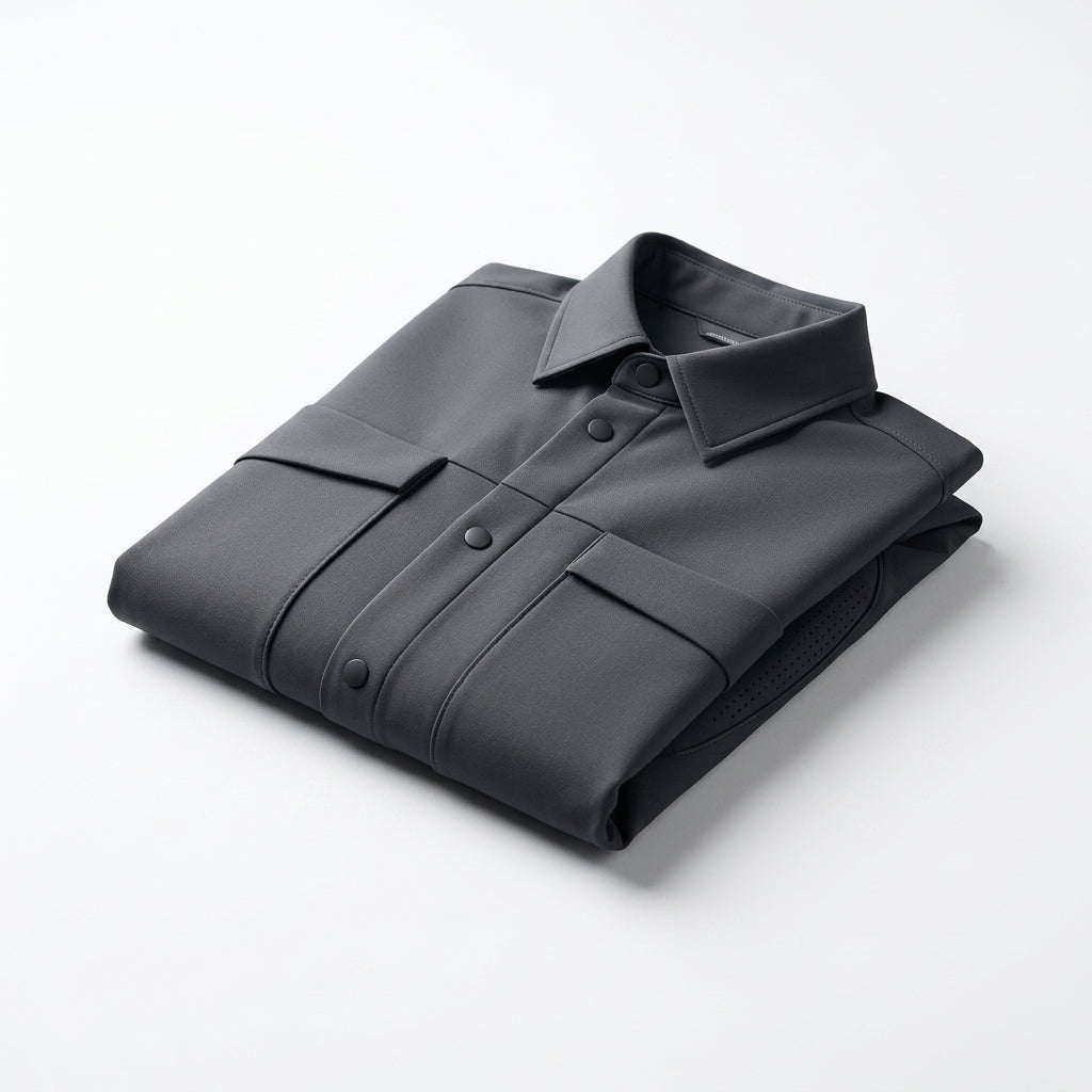 IaebamF™ Aether-Fold Men's Compact Tech Shirt-Jacket | Lightweight Packable Travel Shacket | Wrinkle-Resistant Technical Jacket with Smart-Snap™ Closures & Integrated Venting