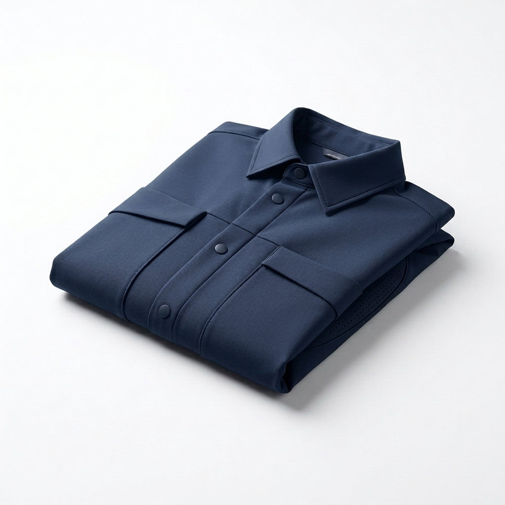 IaebamF™ Aether-Fold Men's Compact Tech Shirt-Jacket | Lightweight Packable Travel Shacket | Wrinkle-Resistant Technical Jacket with Smart-Snap™ Closures & Integrated Venting