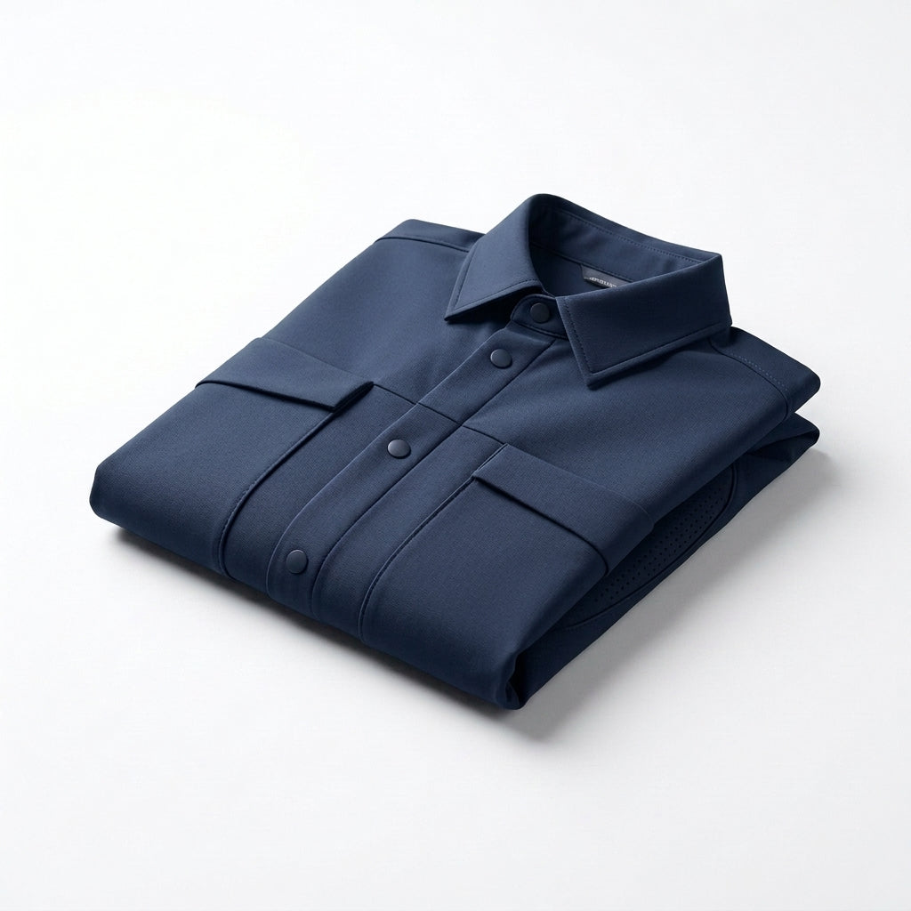 IaebamF™ Aether-Fold Men's Compact Tech Shirt-Jacket | Lightweight Packable Travel Shacket | Wrinkle-Resistant Technical Jacket with Smart-Snap™ Closures & Integrated Venting