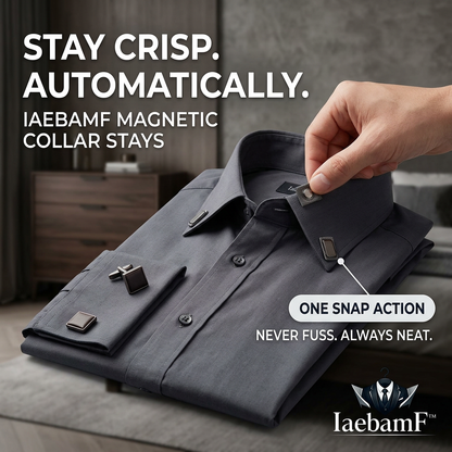 IaebamF™ Magnetic Collar Stays for Men's Dress Shirts - Premium Metal Collar Stiffeners with One-Snap Magnetic Action - Auto-Aligning Shirt Collar Support Holders with Matching Cufflinks Set, Never Fuss Always Neat