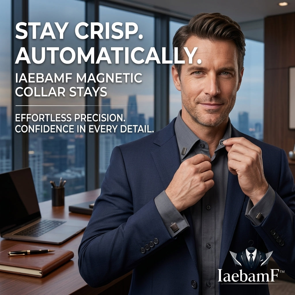 IaebamF™ Magnetic Collar Stays for Men's Dress Shirts - Premium Metal Collar Stiffeners with One-Snap Magnetic Action - Auto-Aligning Shirt Collar Support Holders with Matching Cufflinks Set, Never Fuss Always Neat